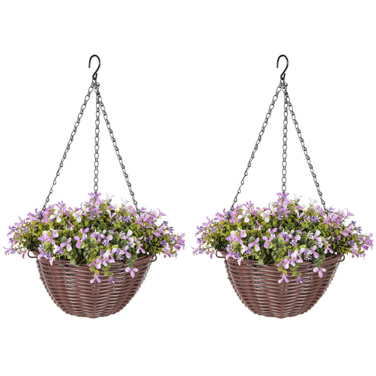 HOMCOM Set of 2 Artificial Flowers in Basket, Decorative Hanging Baskets with 75 Leaves & 15 Flowers for Home or Office Decor, Purple