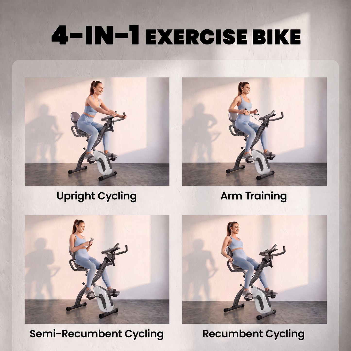 SPORTNOW 4-In-1 Folding Exercise Bike with Resistance Bands, Bluetooth App, 8-Level Magnetic Resistance, LCD Display, Grey
