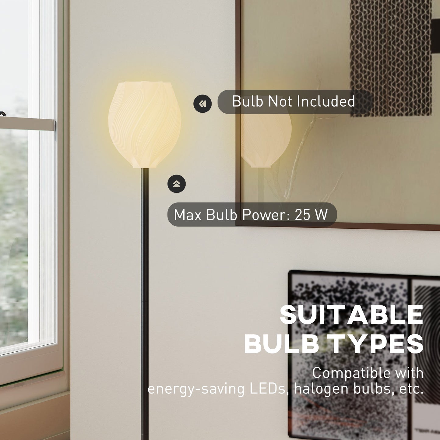 HOMCOM Floor Lamp, 3D Printed Rose Shade, Foot Switch, Tall Pole for Living Room, Bedroom, Office, E27 Holder, No Bulb (25W Max), White