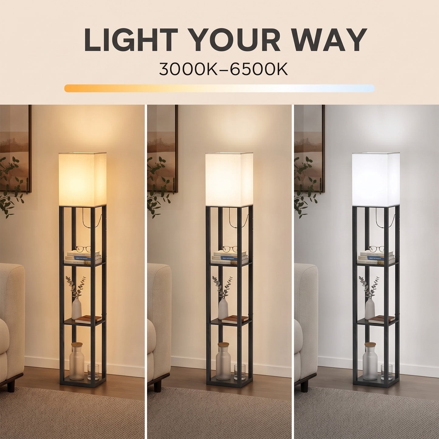 HOMCOM Floor Lamp with Shelves, Modern Dimmable Standing Lamp with Fabric Lampshade, Adjustable Colour Temperature, Black