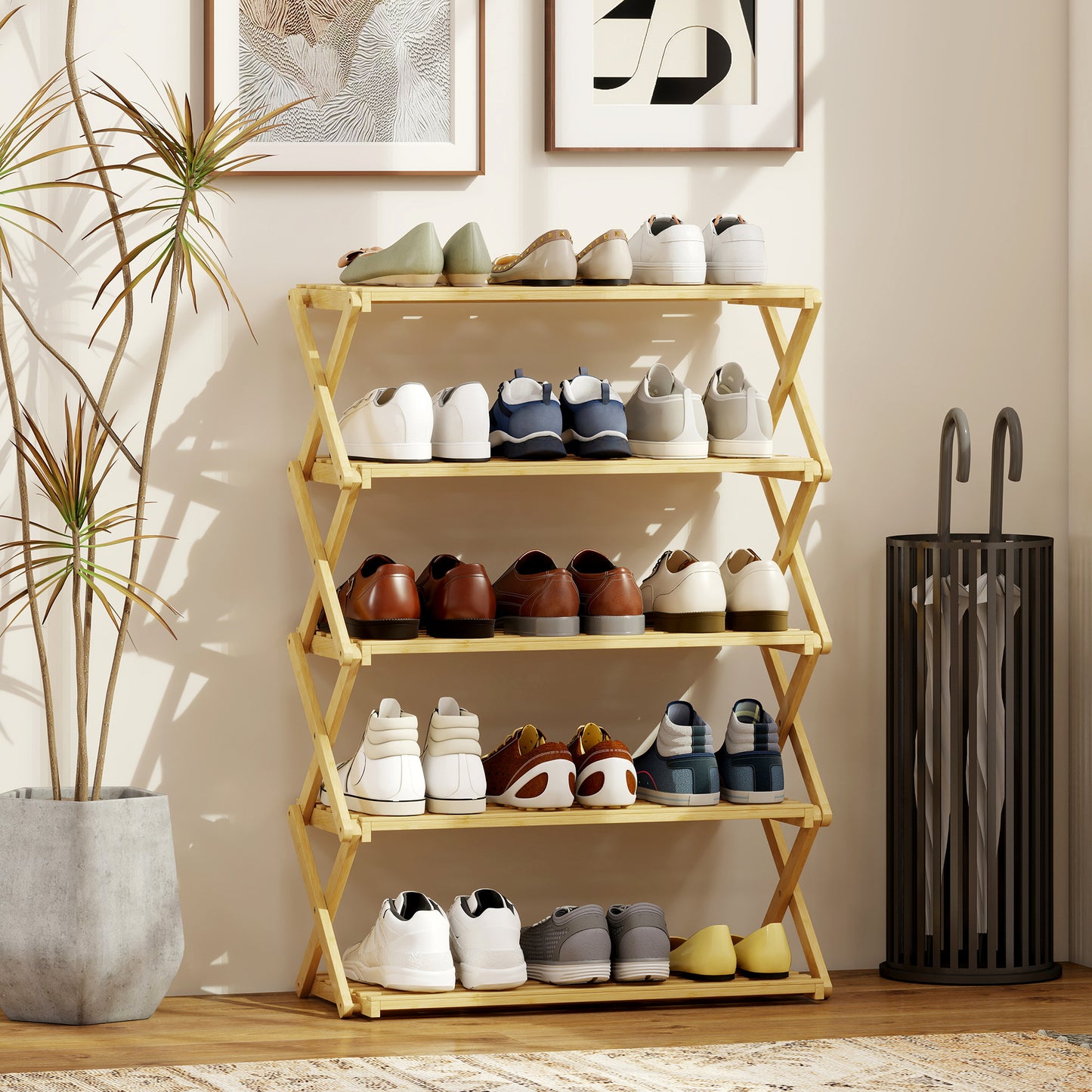 HOMCOM 5-Tier Bamboo Shoe Rack, No Assembly - Natural
