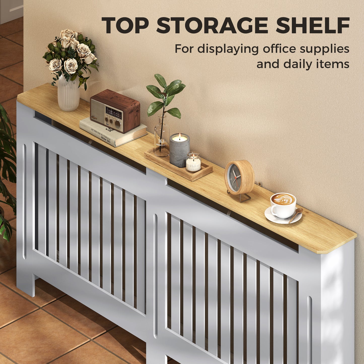 HOMCOM Slatted Radiator Cover, Painted Cabinet with Line Grill Design, 172L × 19W × 81H cm, Grey