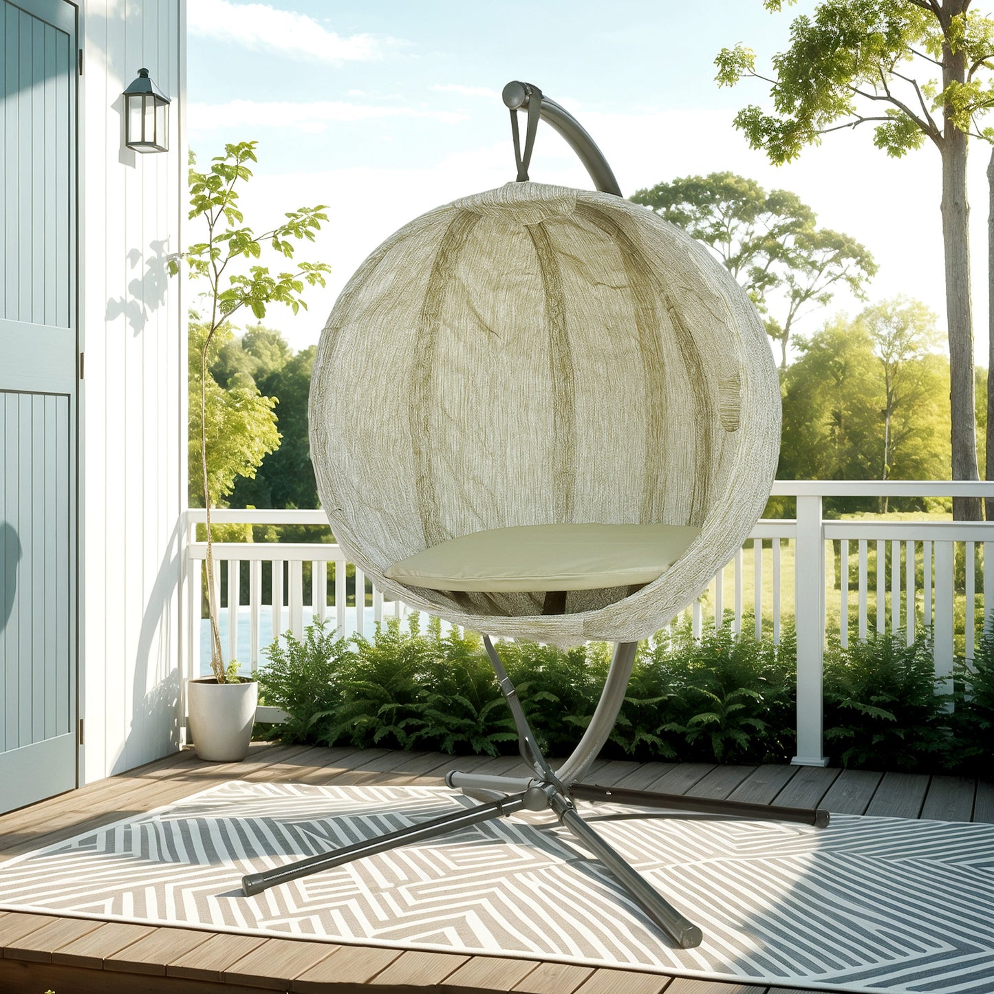 Outsunny Hanging Egg Chair: Indoor/Outdoor Swing with Stand, Cushion, Cup Holder for Patio/Balcony, Khaki