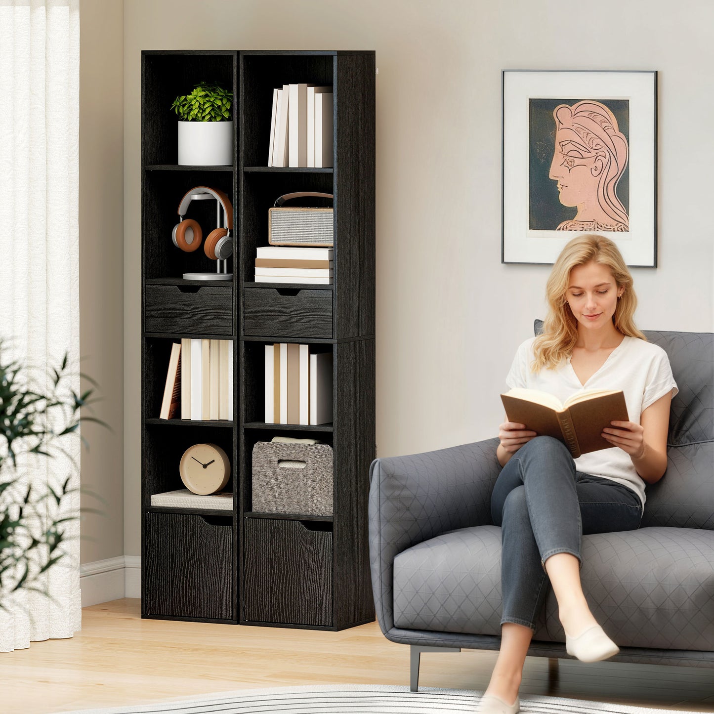 HOMCOM 6-Tier Bookcase, Tall Narrow Bookshelf with Drawer and Door - Black