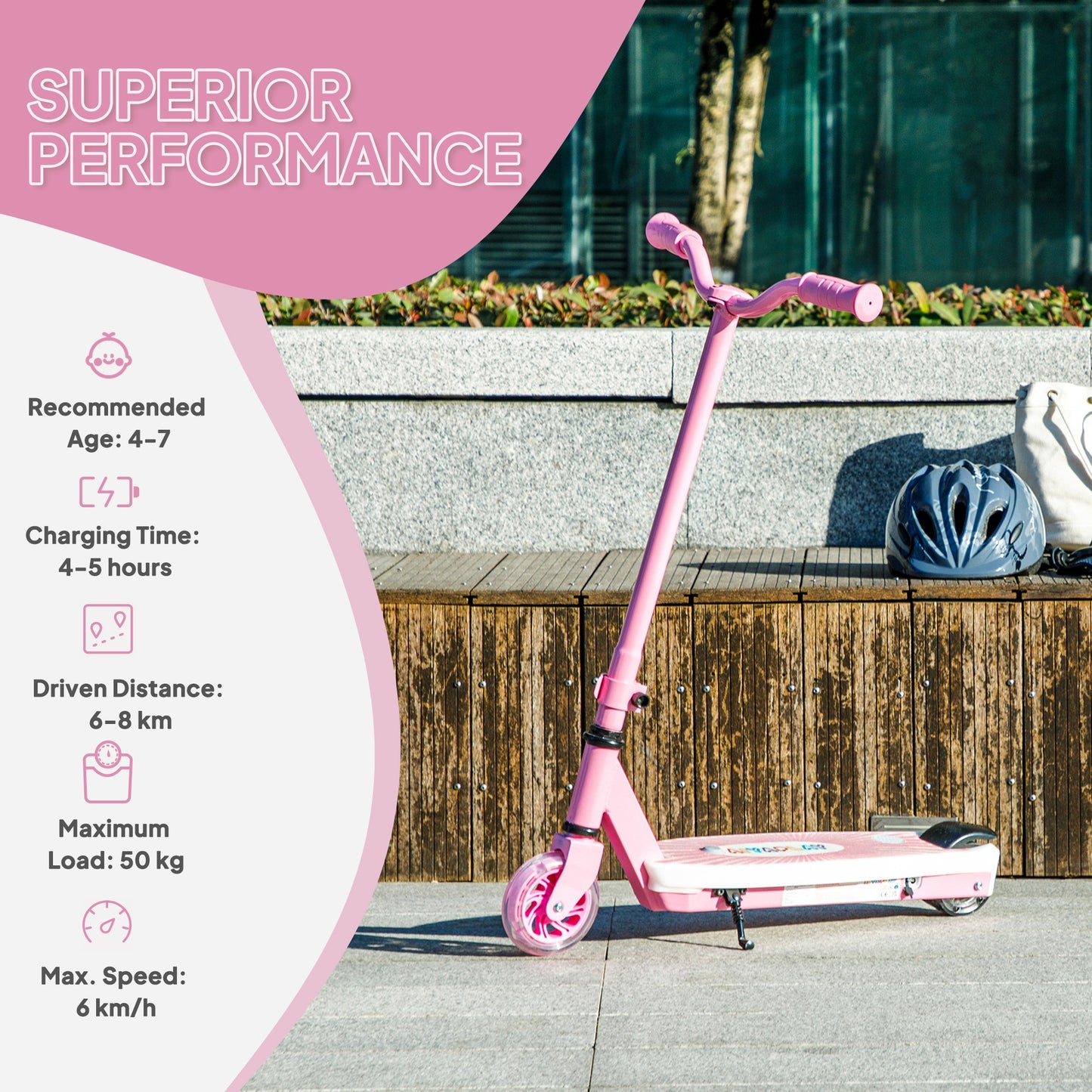 AIYAPLAY Electric Scooter for Kids Ages 4-7, with Rear Wheels, LED Light & Electric Brake, 6 KM/H & 8 KM Range, Pink