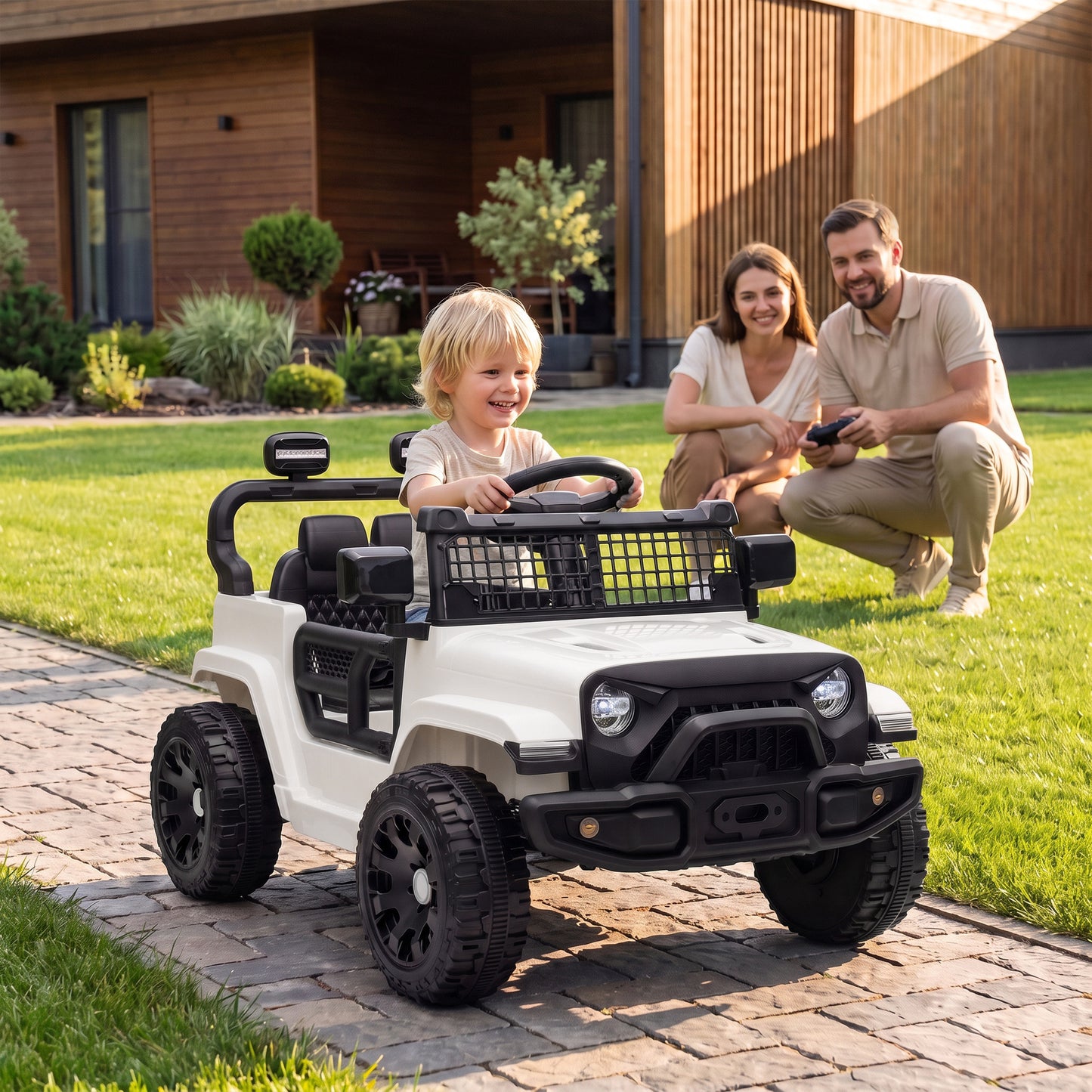 AIYAPLAY 12V Electric Car for Kids with Remote, Dual Motors, Rear Suspension, Soft Start, Music, Lights for 3-8 Years, White