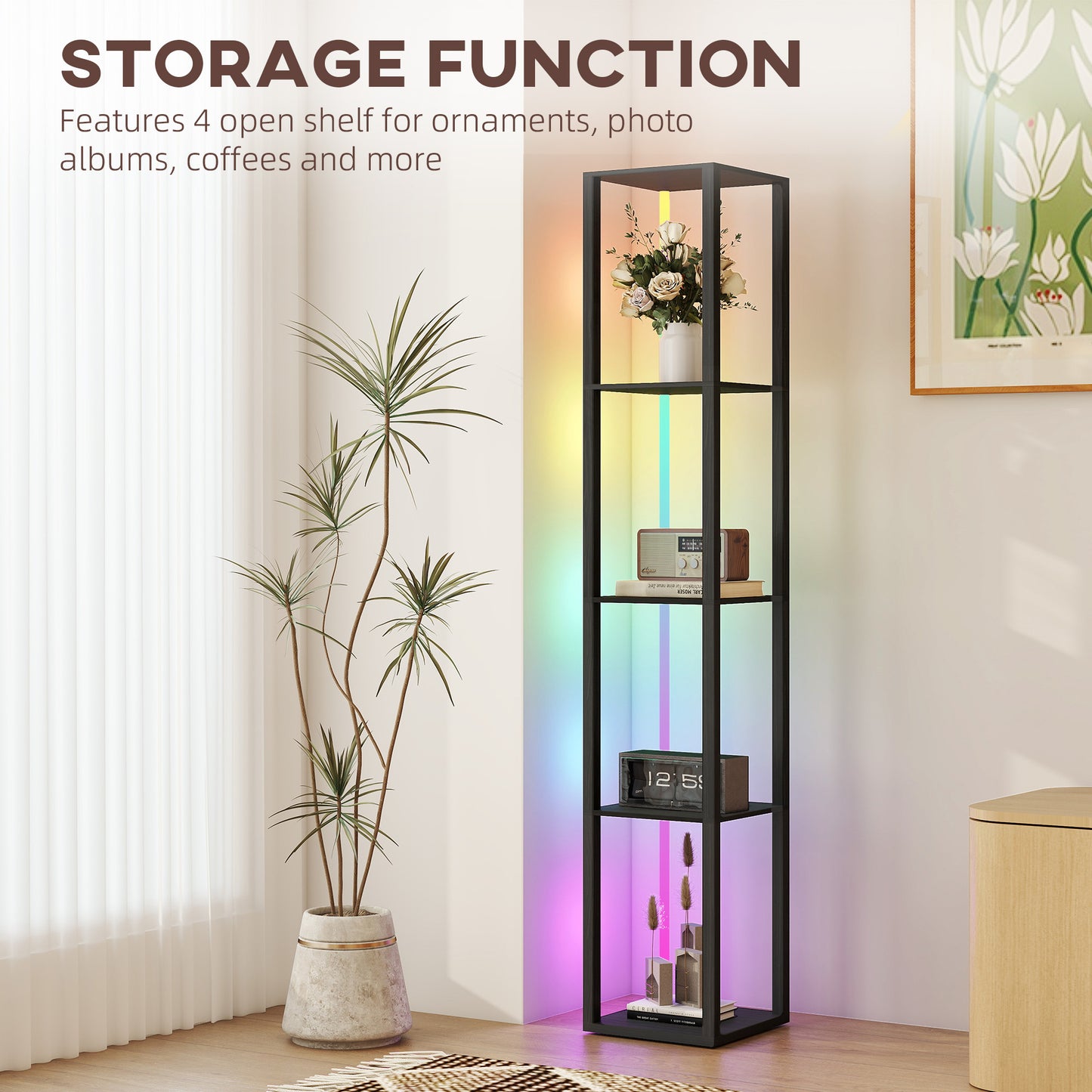 HOMCOM RGB LED Floor Lamp with Shelves, Modern Dimmable Standing Lamp, Remote Control, Adjustable Brightness & Speed, Black