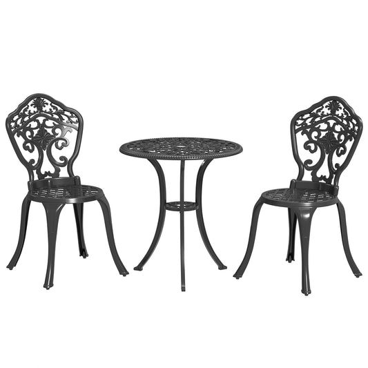 Outsunny 3 Piece Cast Aluminium Bistro Set for 2, Outdoor Table & 2 Chairs with Parasol Hole, Black