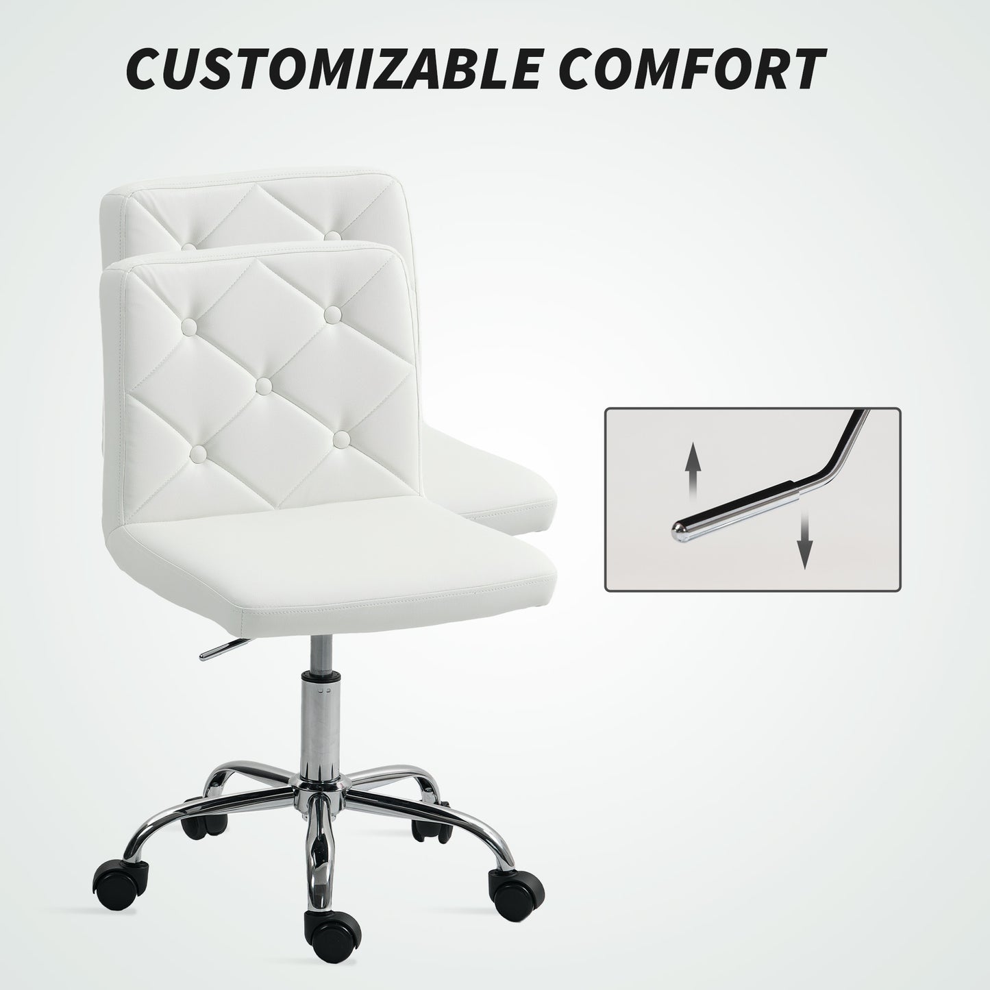 HOMCOM PU Leather Armless Office Chair, Modern Vanity Computer Swivel Chair with Rolling Wheels and Adjustable Height for Home Study, Bedroom, White