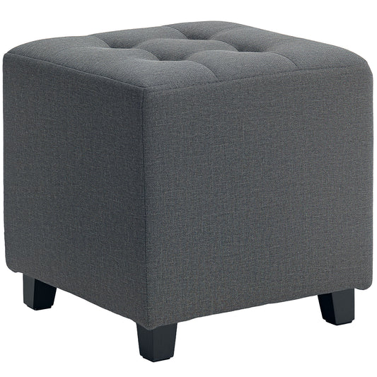 HOMCOM Footstool Ottoman, Linen Fabric with Side Pocket, Rubber Wood Legs, 35x35cm, Grey