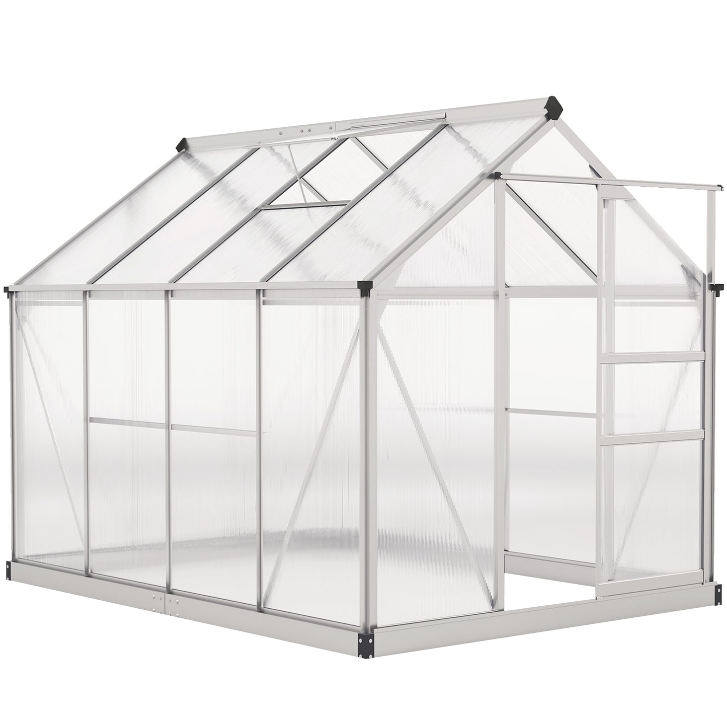 Outsunny Polycarbonate Greenhouse, Large Walk-In Green House with Slide Door and Window, Aluminium Frame, 6x8ft, Silver Tone