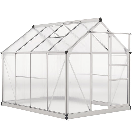 Outsunny Polycarbonate Greenhouse, Large Walk-In Green House with Slide Door and Window, Aluminium Frame, 6x8ft, Silver Tone