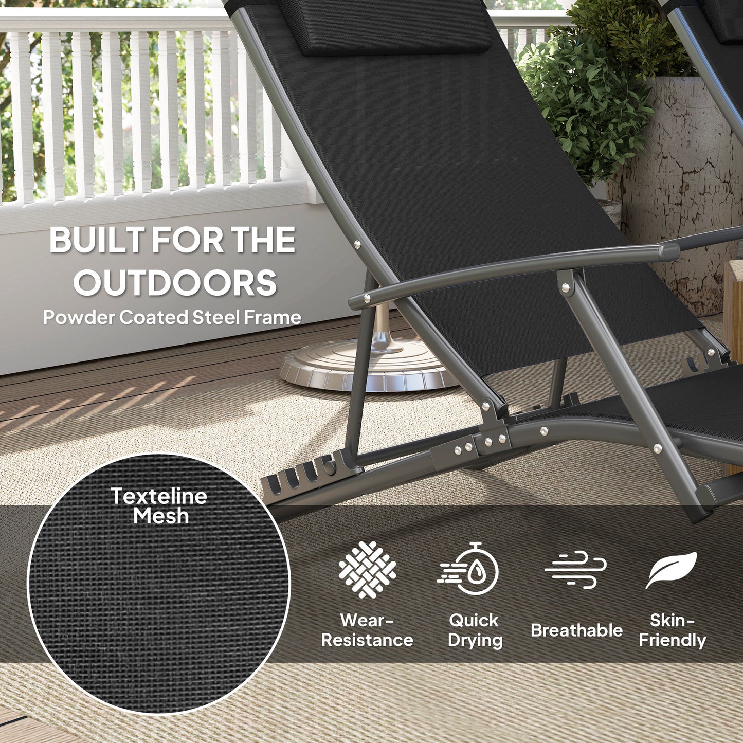 Outsunny Set of 2 Folding Sun Loungers, 4-Position Adjustable Garden Chairs with Armrests, Black