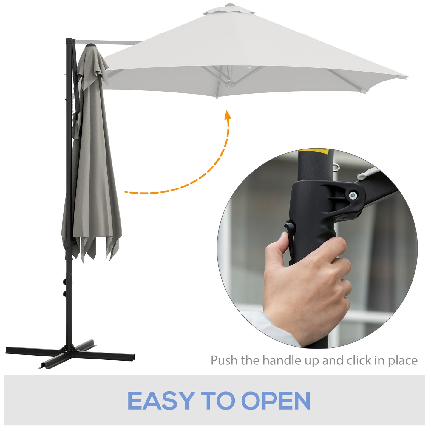 Outsunny 2.5M Garden Cantilever Parasol, Offset Roma Patio Umbrella Hanging Sun Shade Canopy Shelter with 360° Rotation and Cross Base, Light Grey