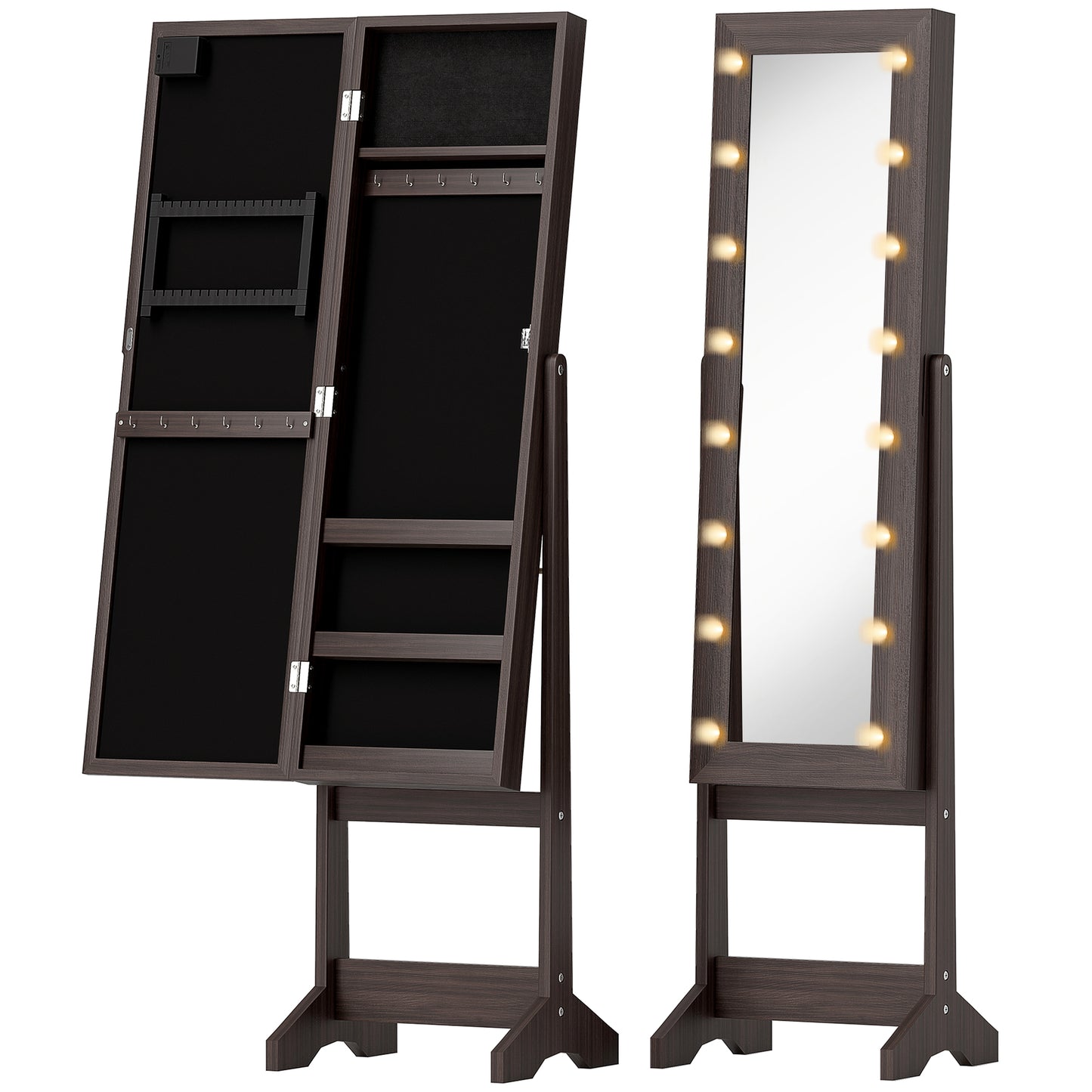 HOMCOM Freestanding Mirror Jewelry Cabinet with LED Lights, Adjustable Angles, Storage for Earrings, Necklaces, Rings, Lipsticks, Dark Brown
