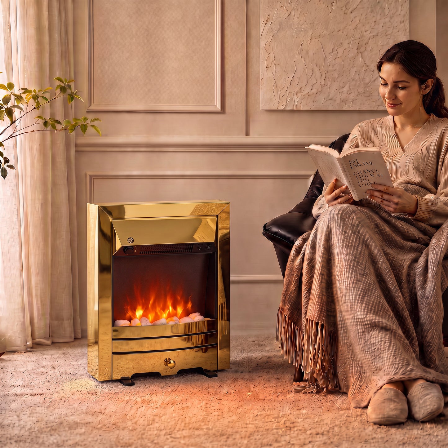 HOMCOM Electric Fireplace Stove Freestanding/Inset, 2000W, Electric Fire with LED Flame, Pebbles, Adjustable Thermostat, Gold