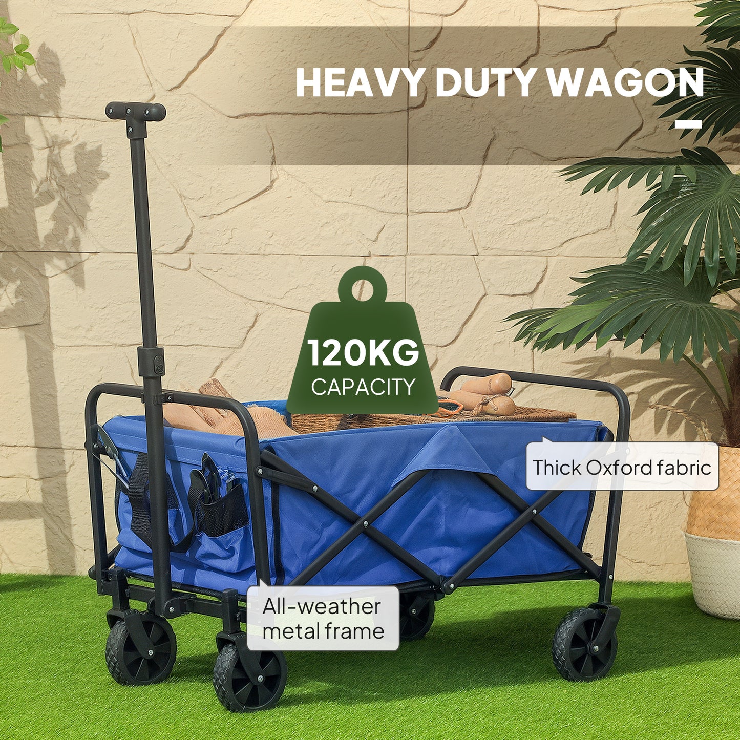 Outsunny 62L Festival Trolley, Garden Folding Cart, 120kg Heavy Duty Collapsible Wagon, Adjustable Handle, Carrying Bag, Blue