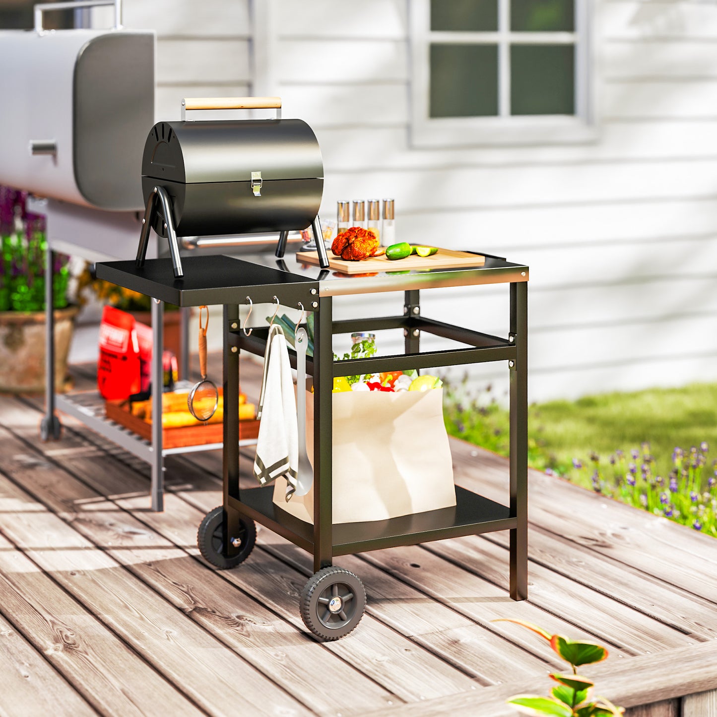Outsunny BBQ Trolley with Stainless Steel Top, Foldable Side Table, Hooks, Shelf, Pizza Oven Table, Movable Grill Cart with Cover, Black