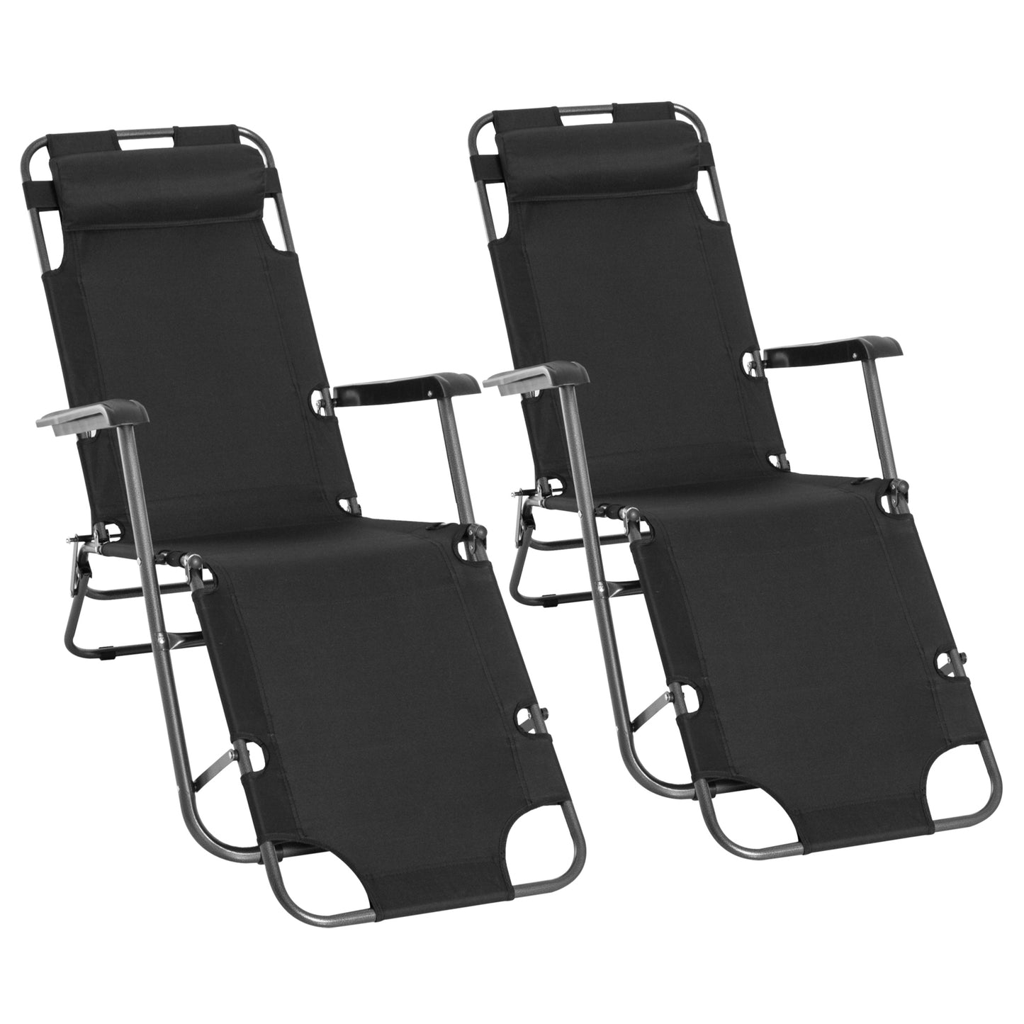 Outsunny 2-in-1 Folding Sun Lounger Set, Reclining Garden Chairs with Adjustable Backrest, Head Pillow, Armrests, Set of 2, Black