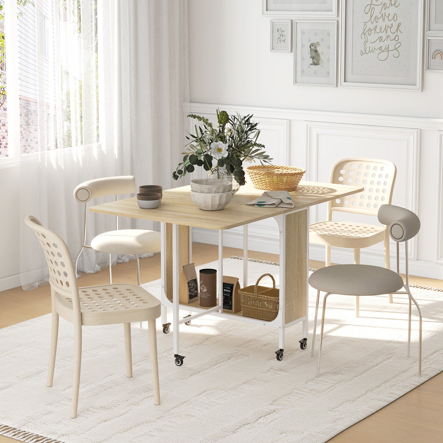 HOMCOM Mobile Drop Leaf Table, Folding Kitchen Table with Wheels & Storage Shelf, Natural Wood