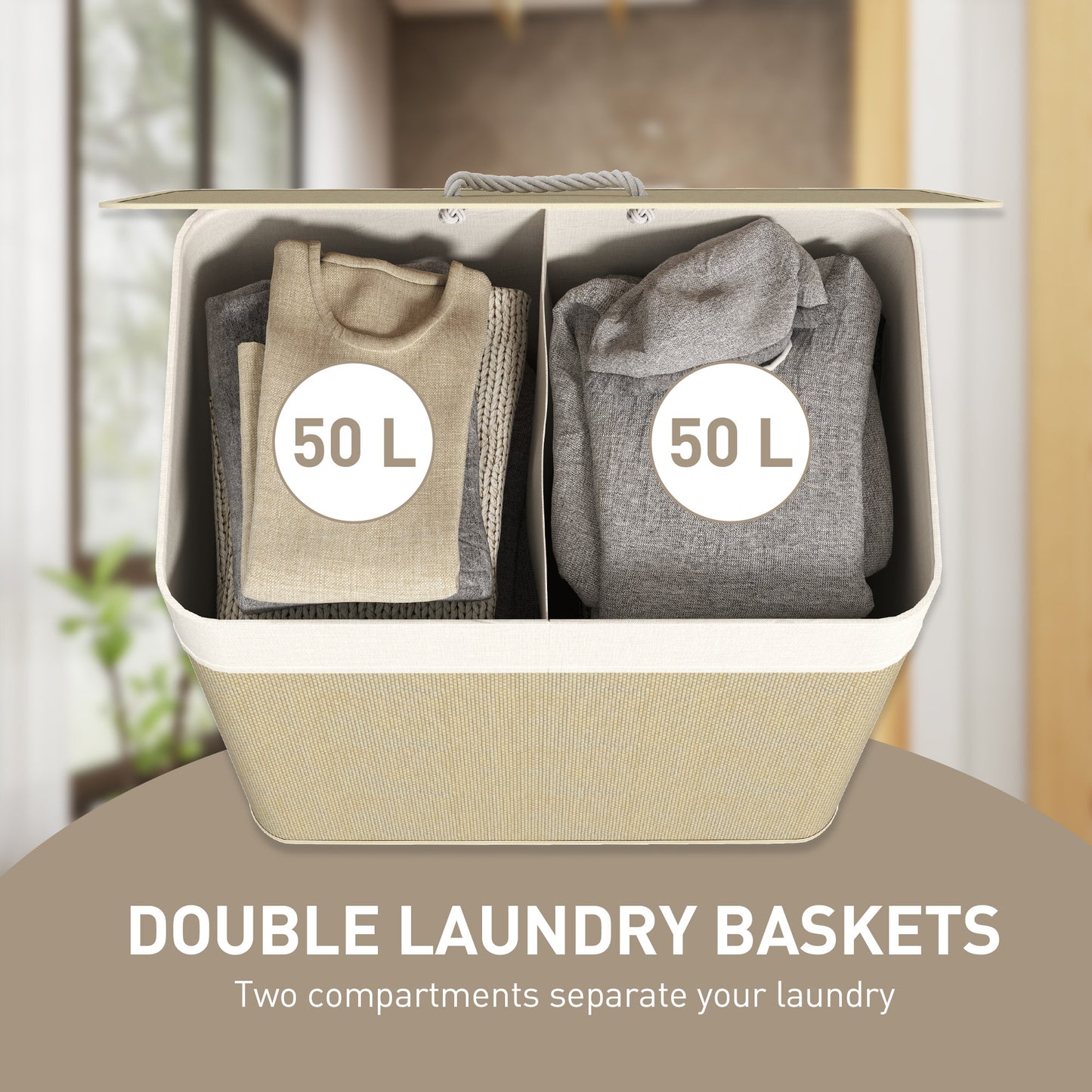 HOMCOM Double Laundry Basket with Lid, 100L Bamboo Hamper, Rope Handles, Removable Liner for Bathroom/Bedroom, Cream White