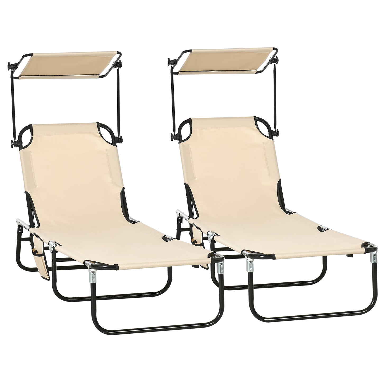 Outsunny 2 Piece Folding Sun Loungers, Adjustable Recliner Garden Chairs with Canopy, Steel Frame, Tan Brown