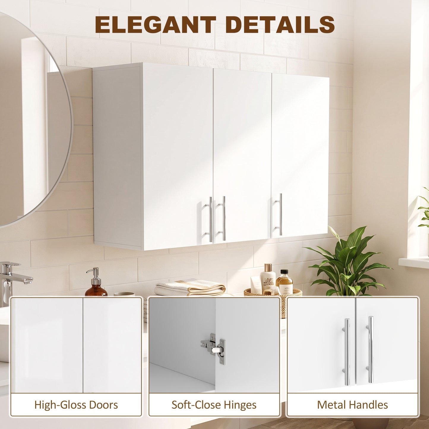 HOMCOM Bathroom Wall Cabinet, Wall-Mounted Bathroom Storage Cabinet with 3 Doors, Adjustable Shelf for Kitchen, White