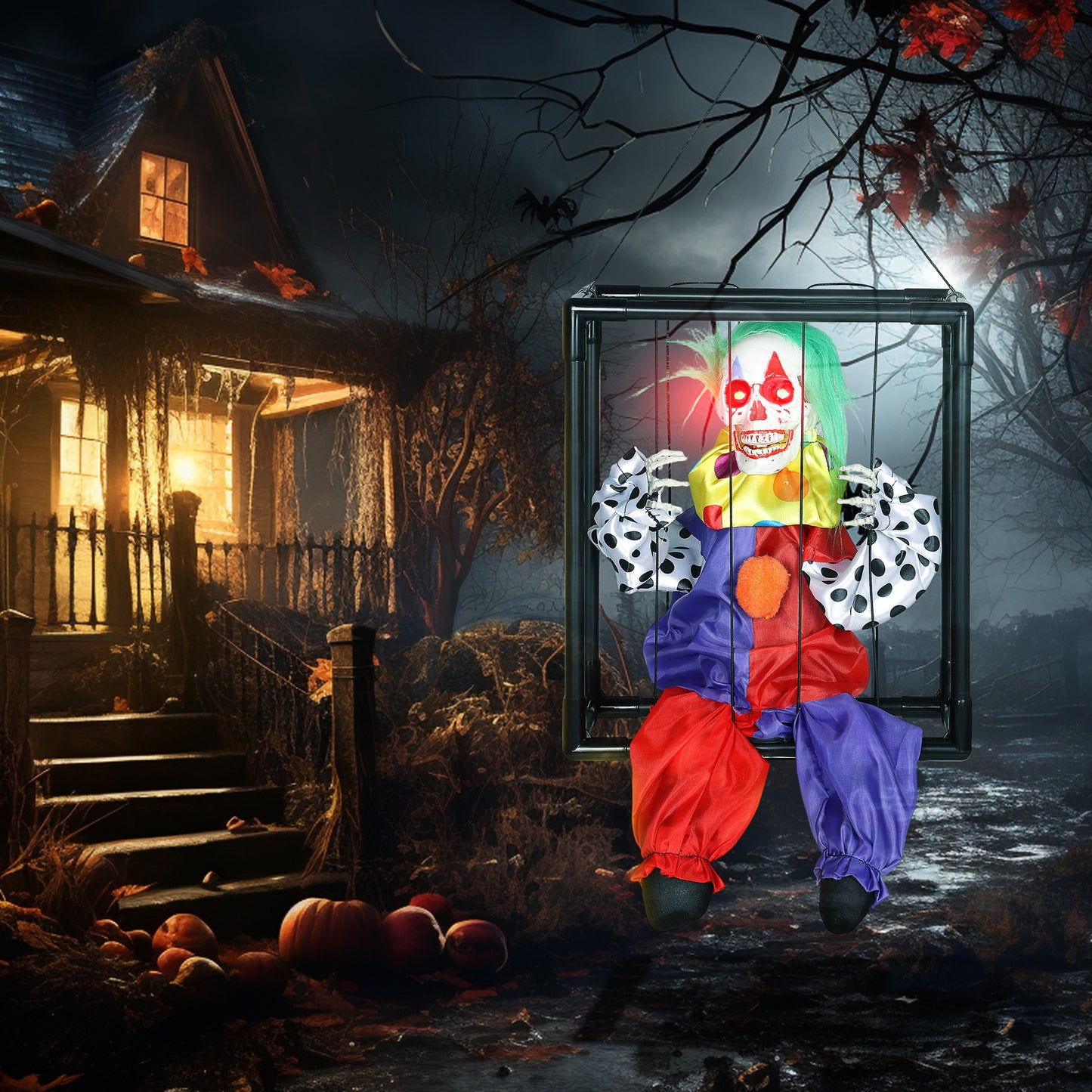 Outsunny Halloween Animated Clown in Cage with LED Eyes, Spooky Decorations, Battery Operated, Indoor Party Props, Halloween Decor - Clown