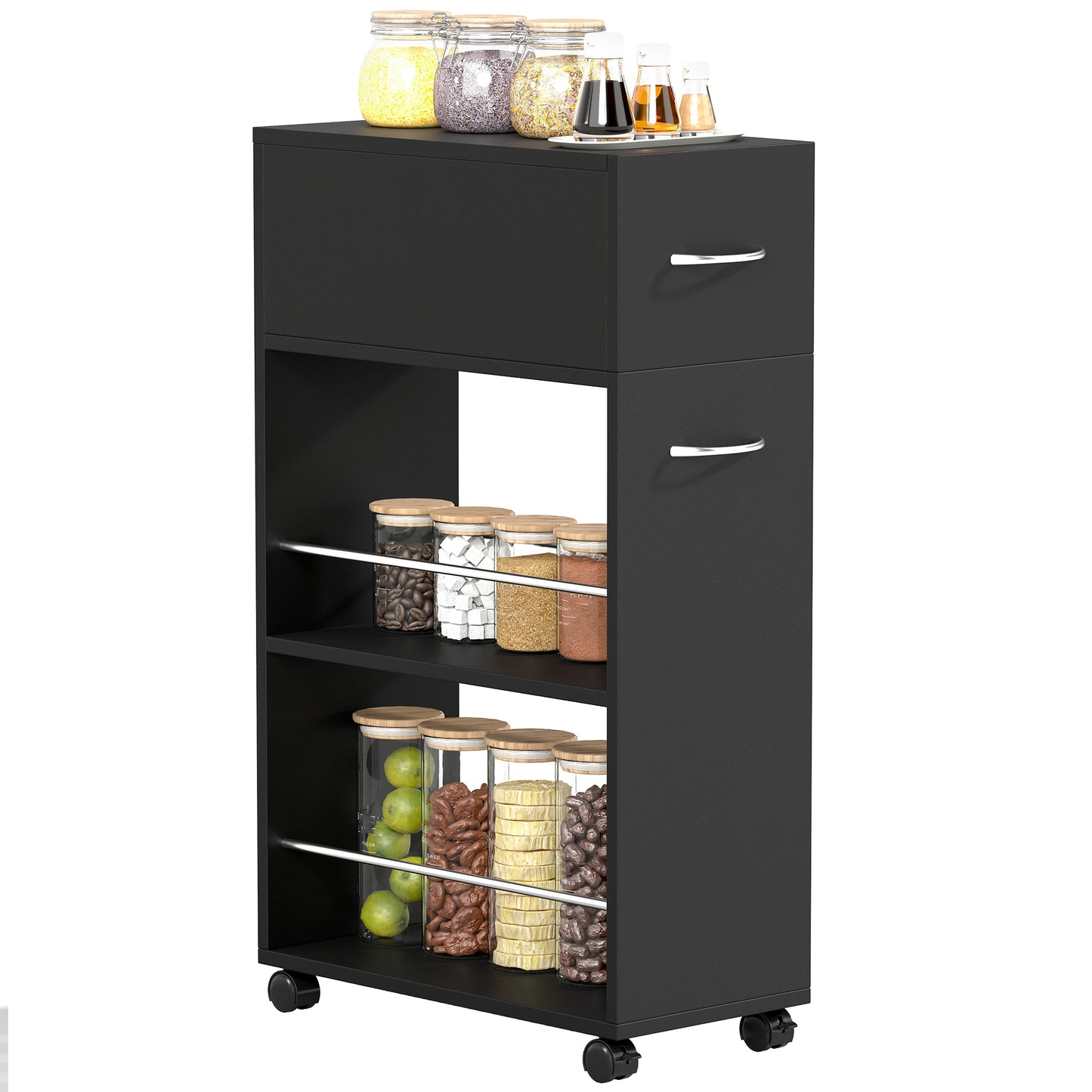 HOMCOM Kitchen serving cart on casters with 1 drawer and 2 open shelves for dining room 25 x 50 x 85 cm Black