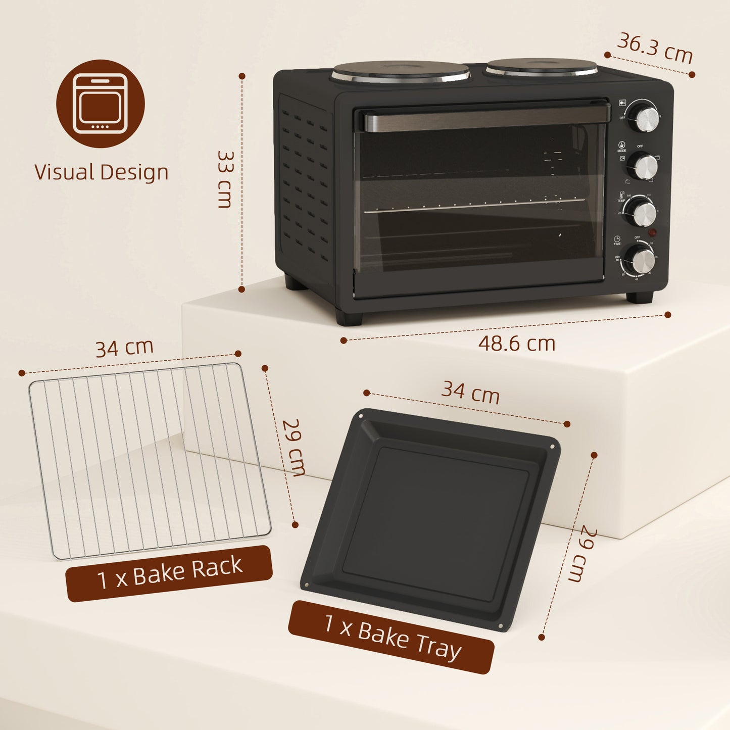 HOMCOM 28L Mini Oven with 2 Hot Plates, Toaster, Grill, Roast, Bake, Boil, Timer, 2600W, Black