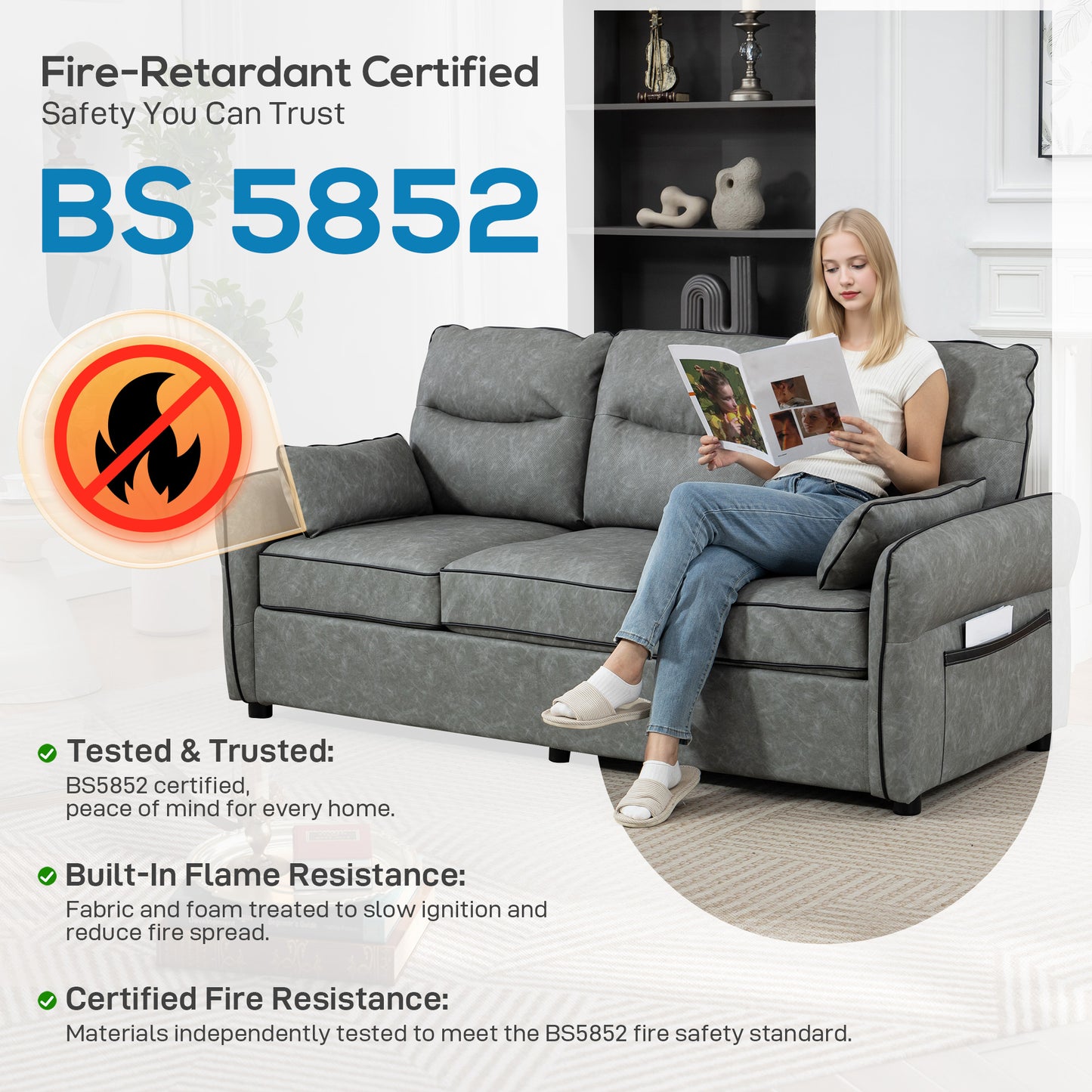 HOMCOM 3 Seater Sofa, Faux Leather Couch - Grey