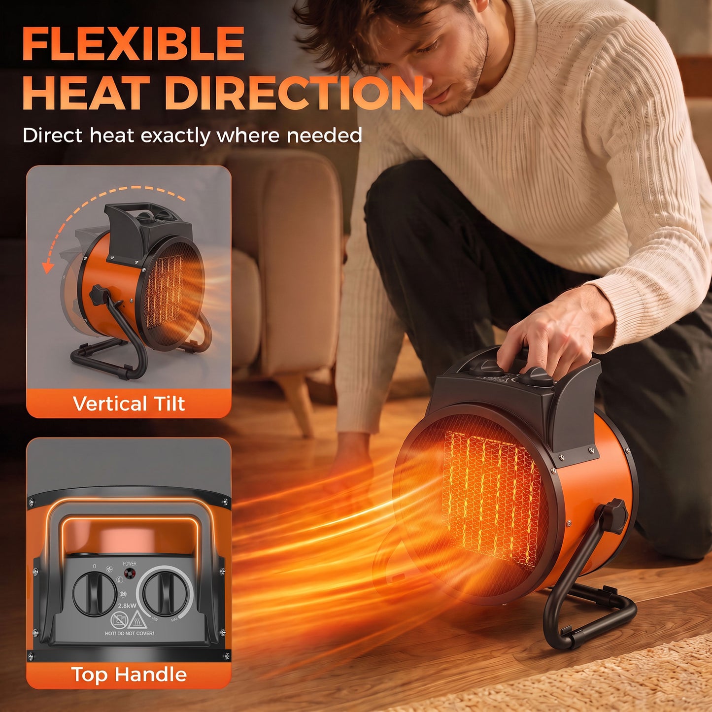 Outsunny Industrial Fan Heater 2800W with Tilting, Electric Ceramic Space Heater with Adjustable Thermostat, Handle