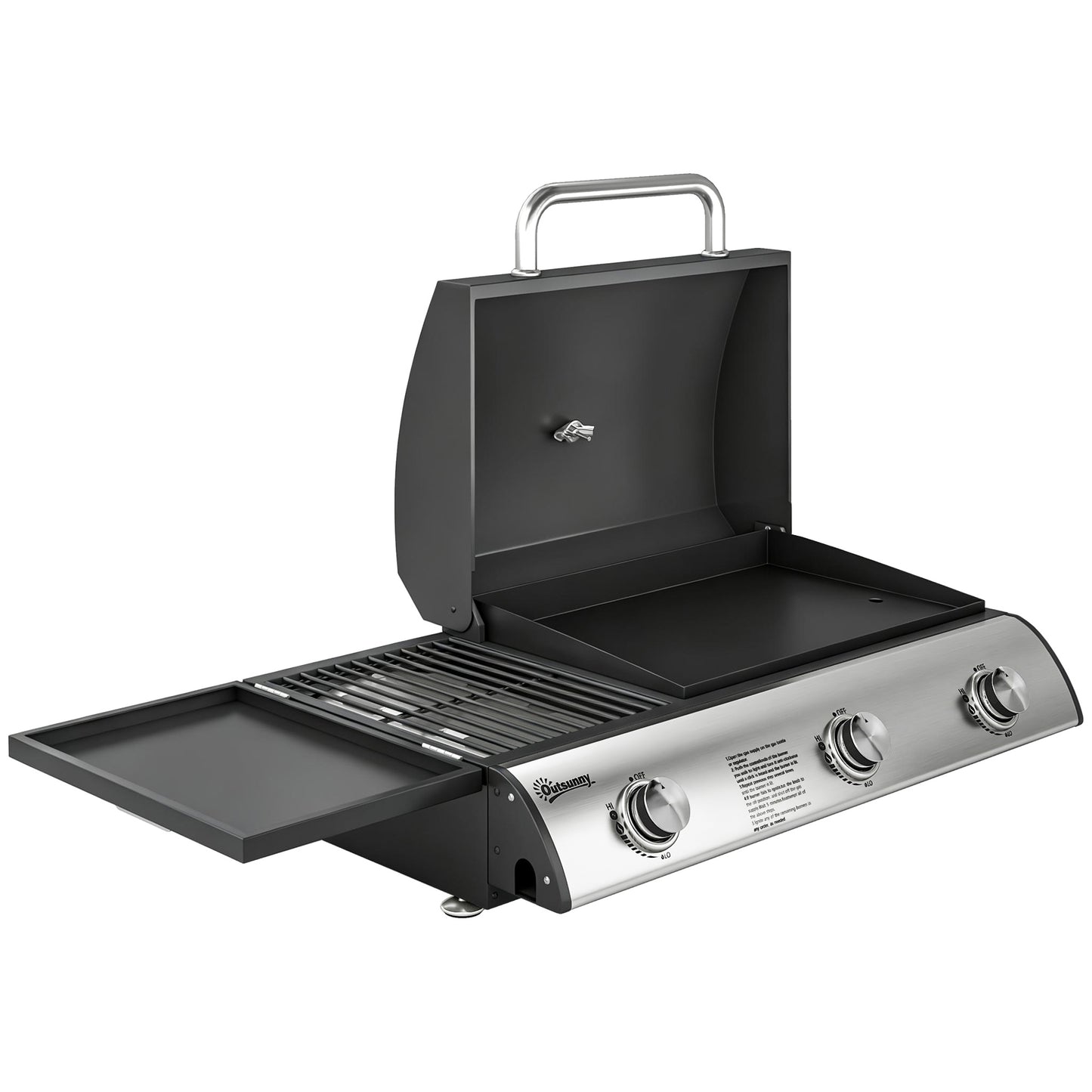 Outsunny 3 Burner Portable Gas Plancha BBQ Grill, 7.5 kW Outdoor Tabletop Gas Barbecue Grill with Griddle, Thermometer,, Black