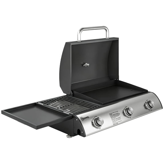 Outsunny 3 Burner Portable Gas Plancha BBQ Grill, 7.5 kW Outdoor Tabletop Gas Barbecue Grill with Griddle, Thermometer,, Black