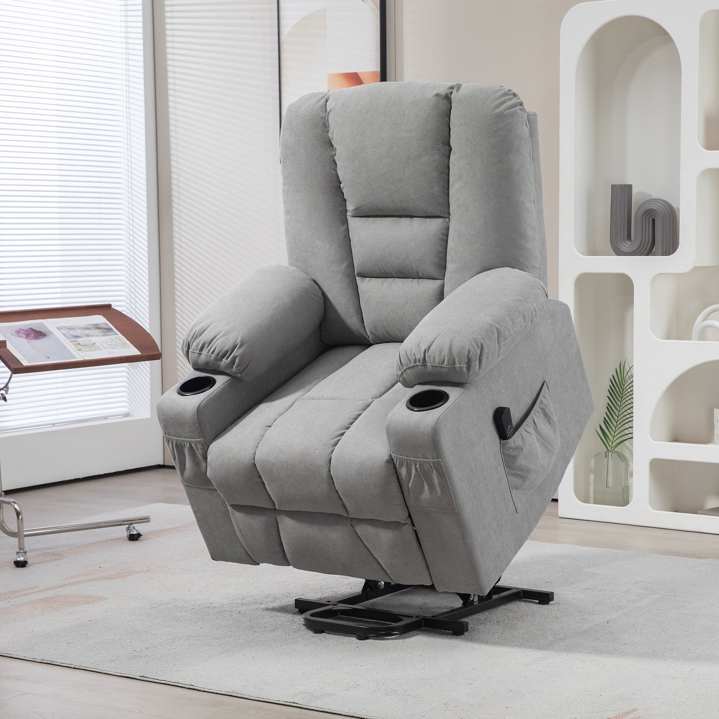 HOMCOM Oversized Riser and Recliner Chairs for the Elderly, Fabric Upholstered Lift Chair for Living Room with Remote Control, Side Pockets, Cup Holder, Light Grey