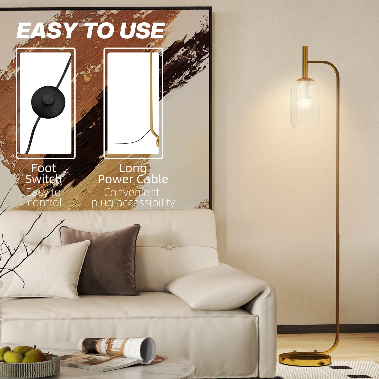 HOMCOM LED Floor Lamp with Glass Shade, Modern Standing Lamp with Foot Switch, Adjustable Brightness 2700K for Bedroom, Gold Tone