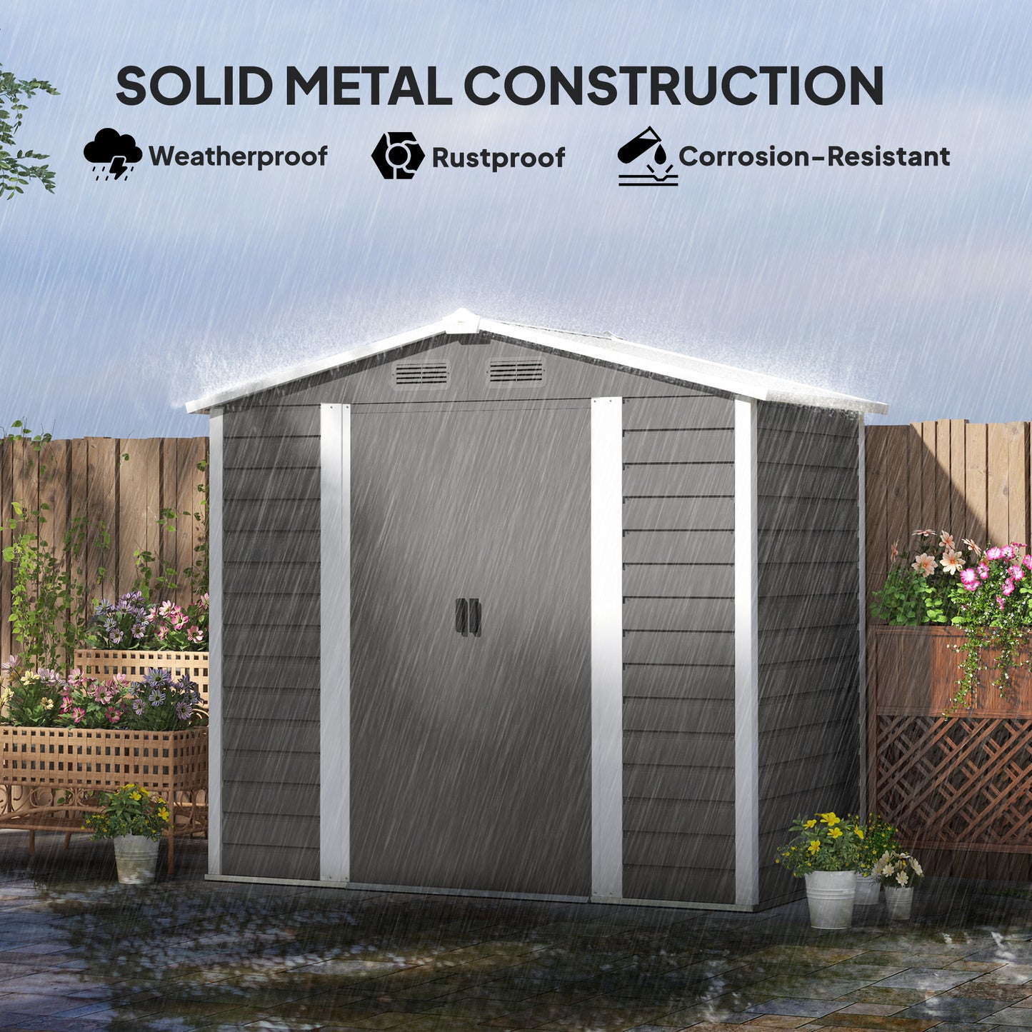 Outsunny Garden Shed, 7x4ft Galvanised Steel Frame, Double Doors with Lock, Vents & Gloves, Foundation Kit Included, Light Grey