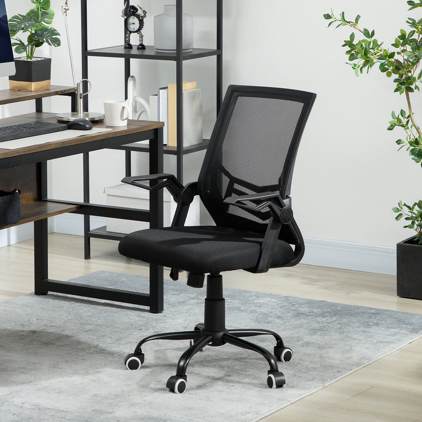 Vinsetto Mesh Office Chair, Computer Desk Chair with Flip-up Armrests, Lumbar Back Support and Swivel Wheels, Black