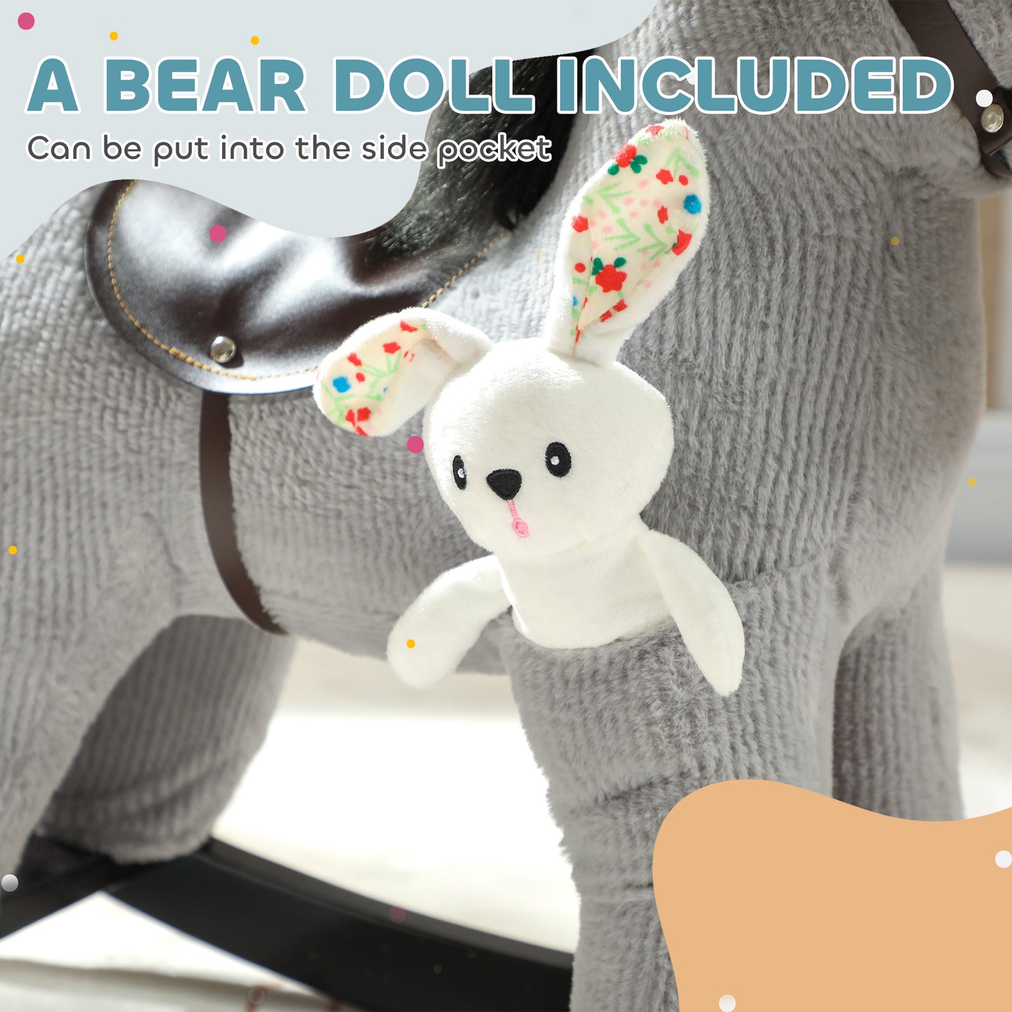 AIYAPLAY Baby Rocking Horse, Plush Ride on Toy with Handle Grip, Sound and Doll, Toddler Animal Rocker for Kids Aged 2–5, Grey