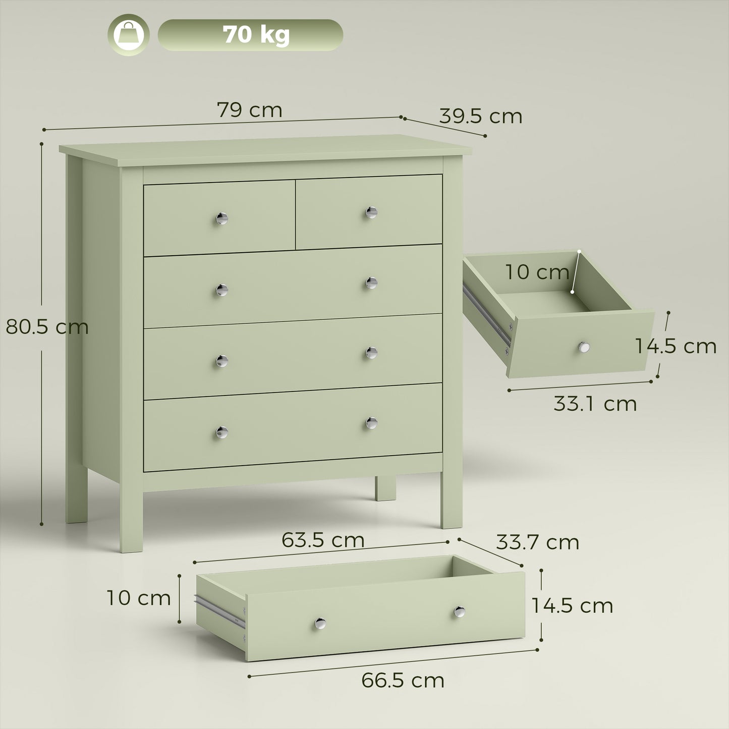 HOMCOM 5 Drawer Chest of Drawers, Sage Green