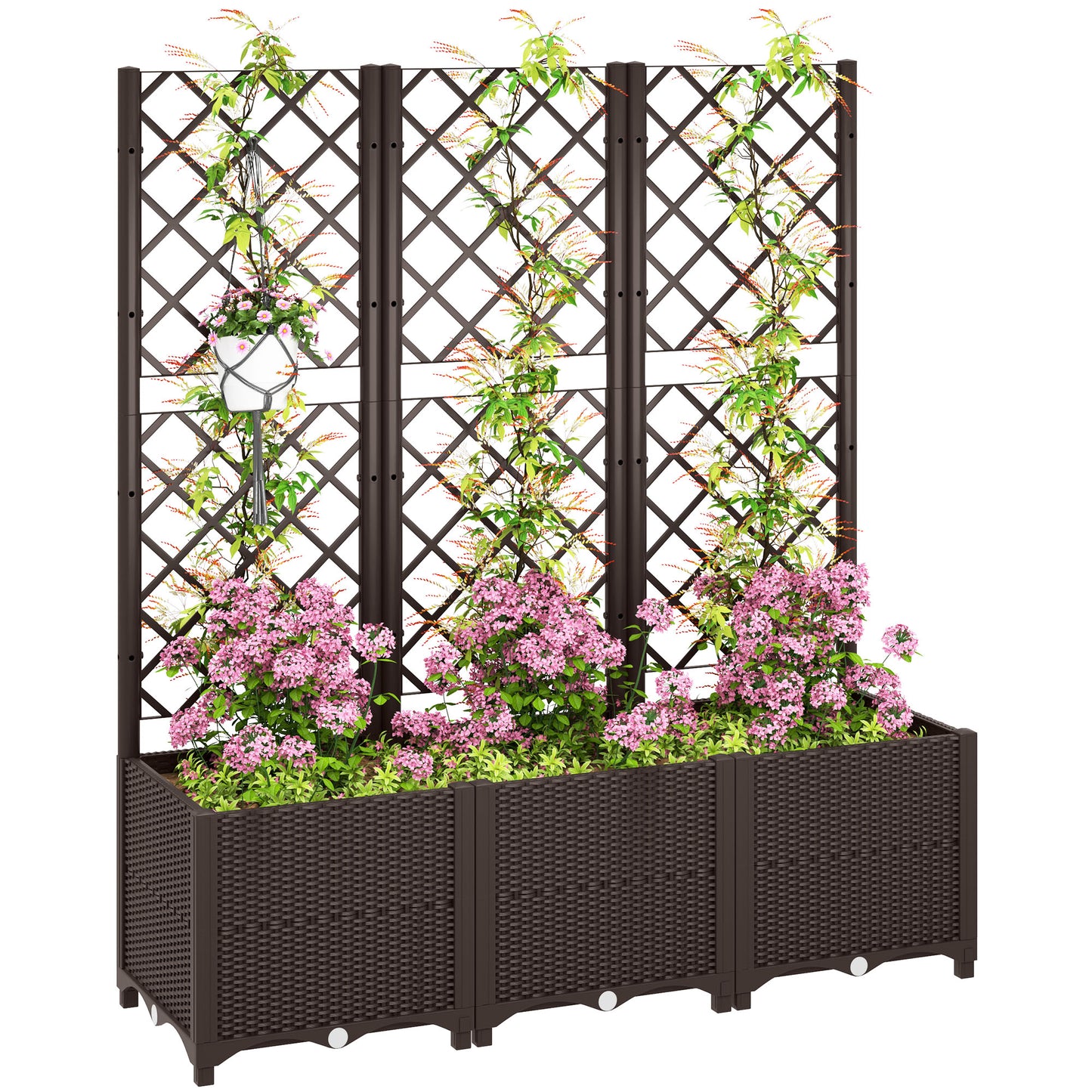 Outsunny Raised Garden Bed with Trellis, Plastic Planter Box with Drainage Holes 3 wide Brown