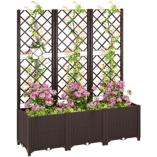 Outsunny Raised Garden Bed with Trellis, Plastic Planter Box with Drainage Holes 3 wide Brown