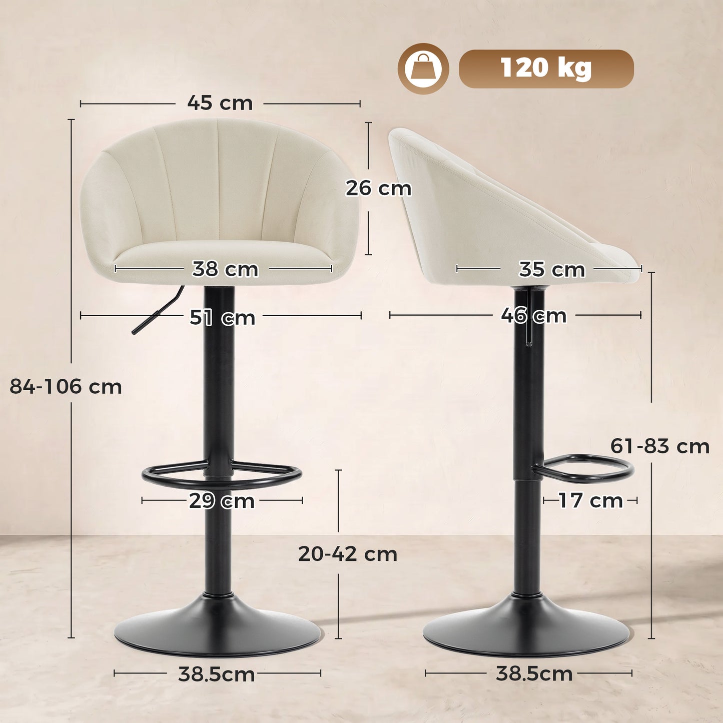 HOMCOM Set of 2 Velvet-Feel Bar Stools, Swivel Adjustable Height Breakfast Bar Chairs with Backrest, Footrest, Quilted Kitchen Stools for Dining Room, White