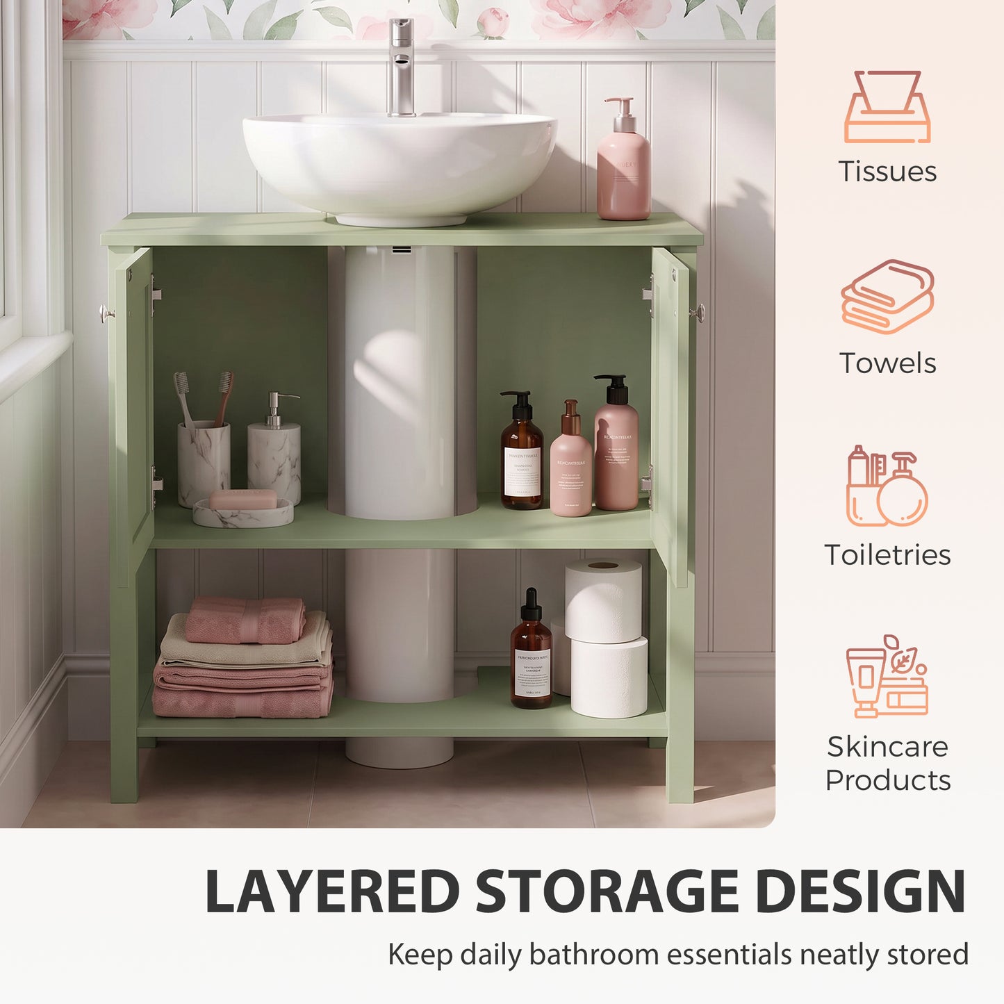 HOMCOM Under Sink Bathroom Cabinet with 2 Doors, Open Shelf and U-Shape Cut-Out for Basin with or without Pedestal, Green