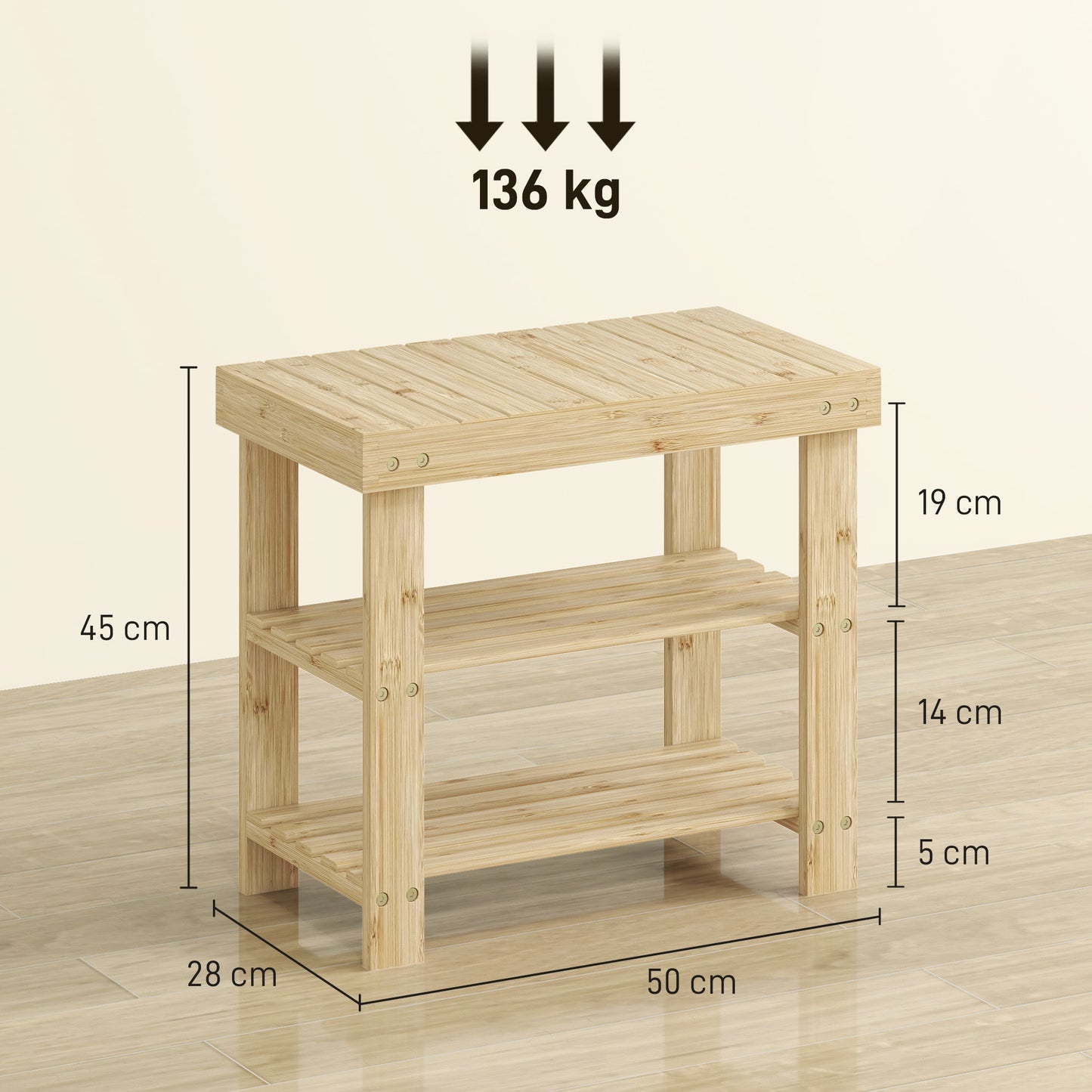 HOMCOM 3-Tier Bamboo Shoe Storage Bench - Nature Wood Finish