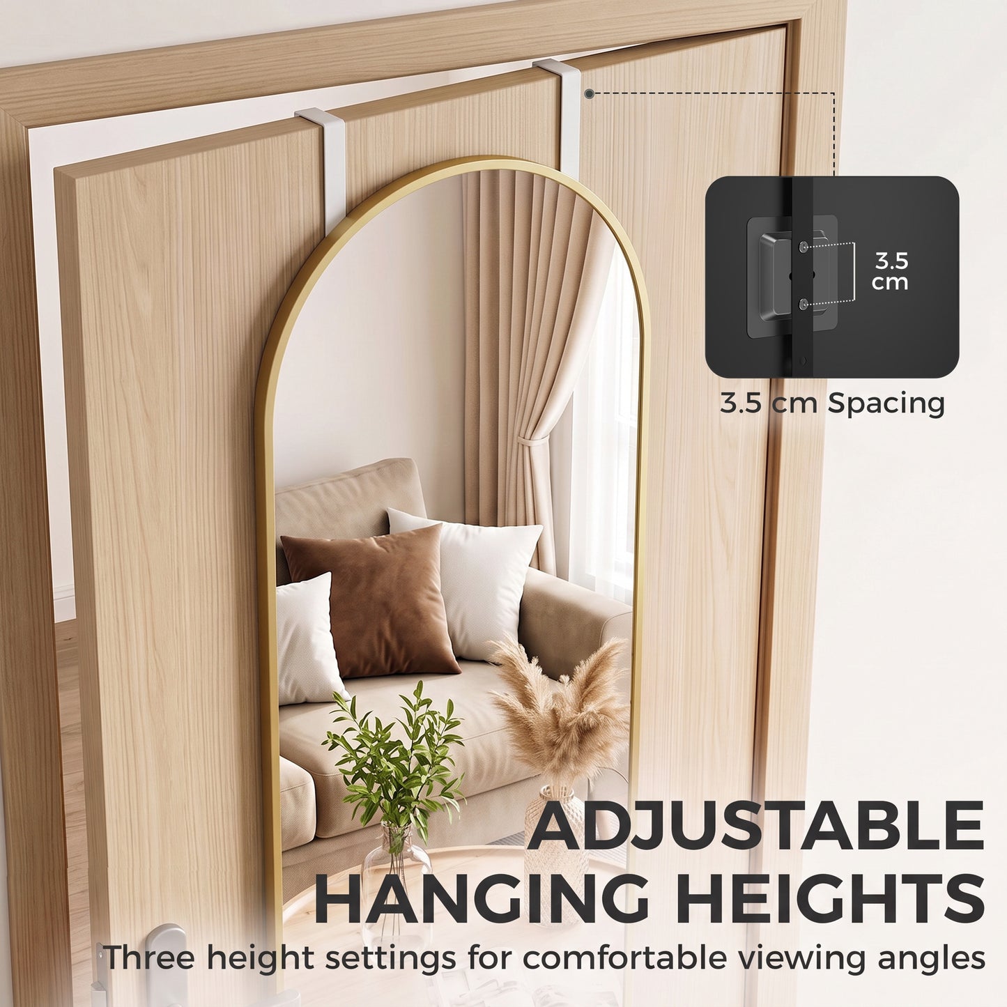 HOMCOM 40 x 110 cm Full Length Hanging Mirror, Arched Mirror with Adjustable Hooks, Over-the-Door or Wall-Mounted, Gold Tone