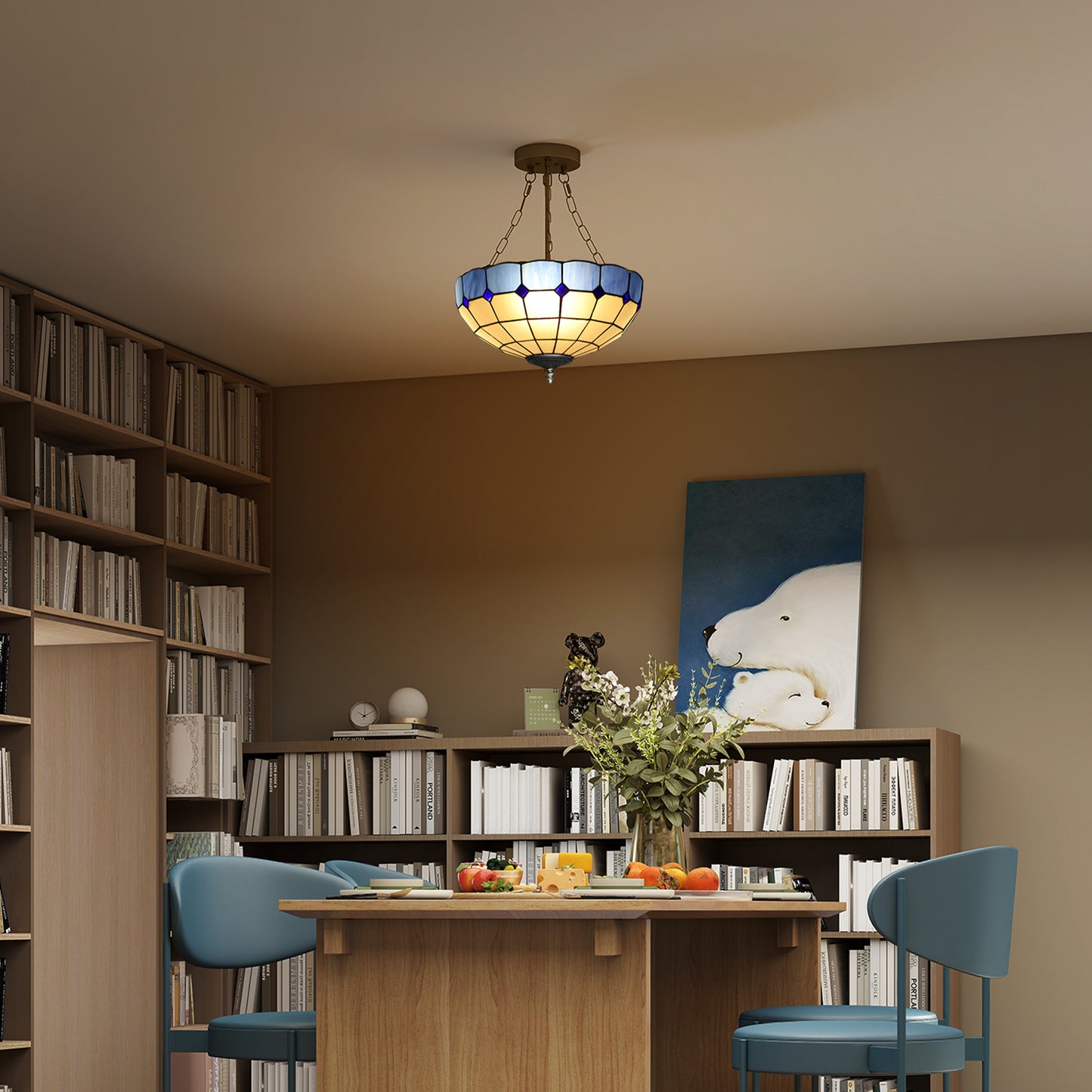 HOMCOM Tiffany Style Ceiling Light, Vintage Chandelier with 3 E27 Sockets, Semi Flush Mount for Living Room, Bulbs Not Included Blue