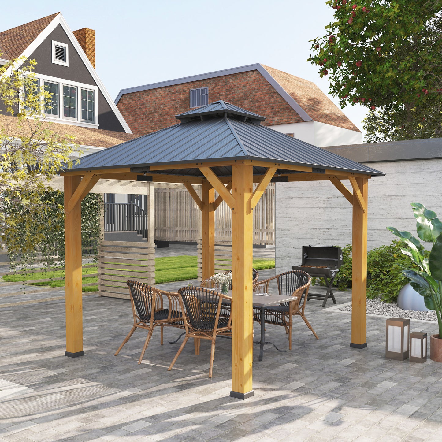 Outsunny 3x(3)M Outdoor Hardtop Gazebo Canopy with 2-Tier Roof and Solid Wood Frame, Outdoor Patio Shelter for Patio, Garden, Grey