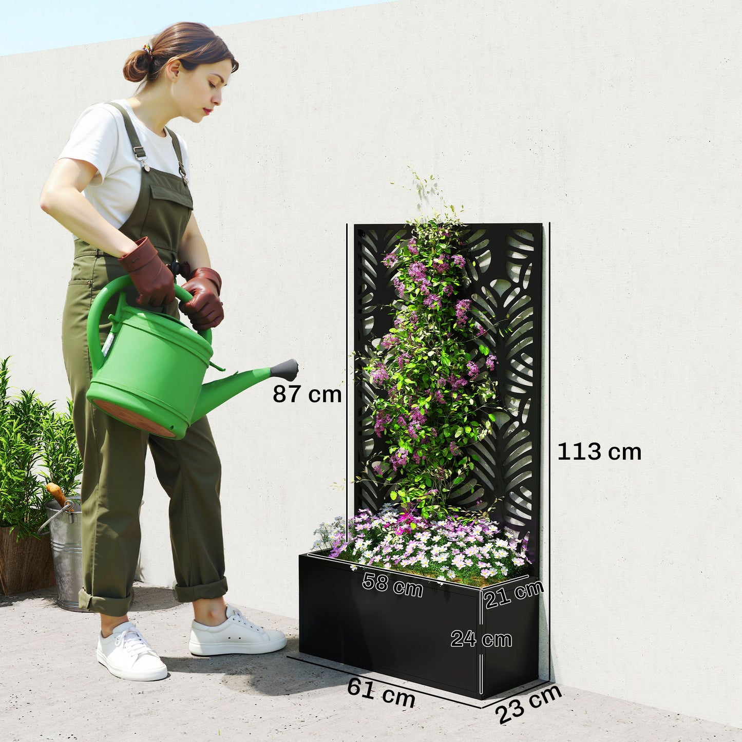 Outsunny Metal Garden Bed for Garden with Trellis, Wall Mounted or Freestanding Raised Planter with Privacy Screen