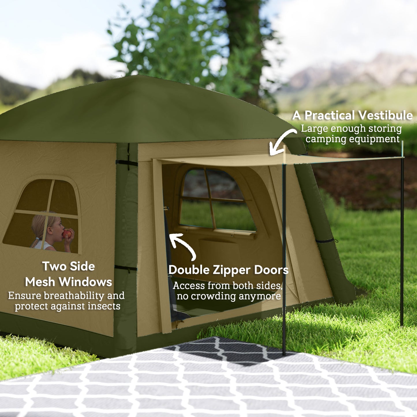 Outsunny Inflatable Camping Tent with Hand Pump, Easy Setup for 1-2 People, Waterproof and Windproof with Mesh Windows and Carry Bag, Brown